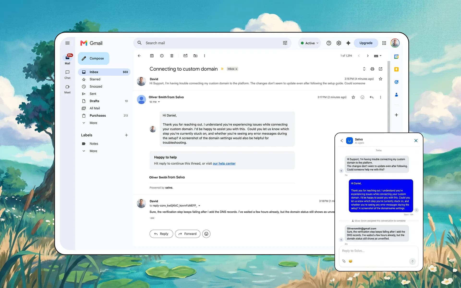 A Selvo chat conversation continuing over email