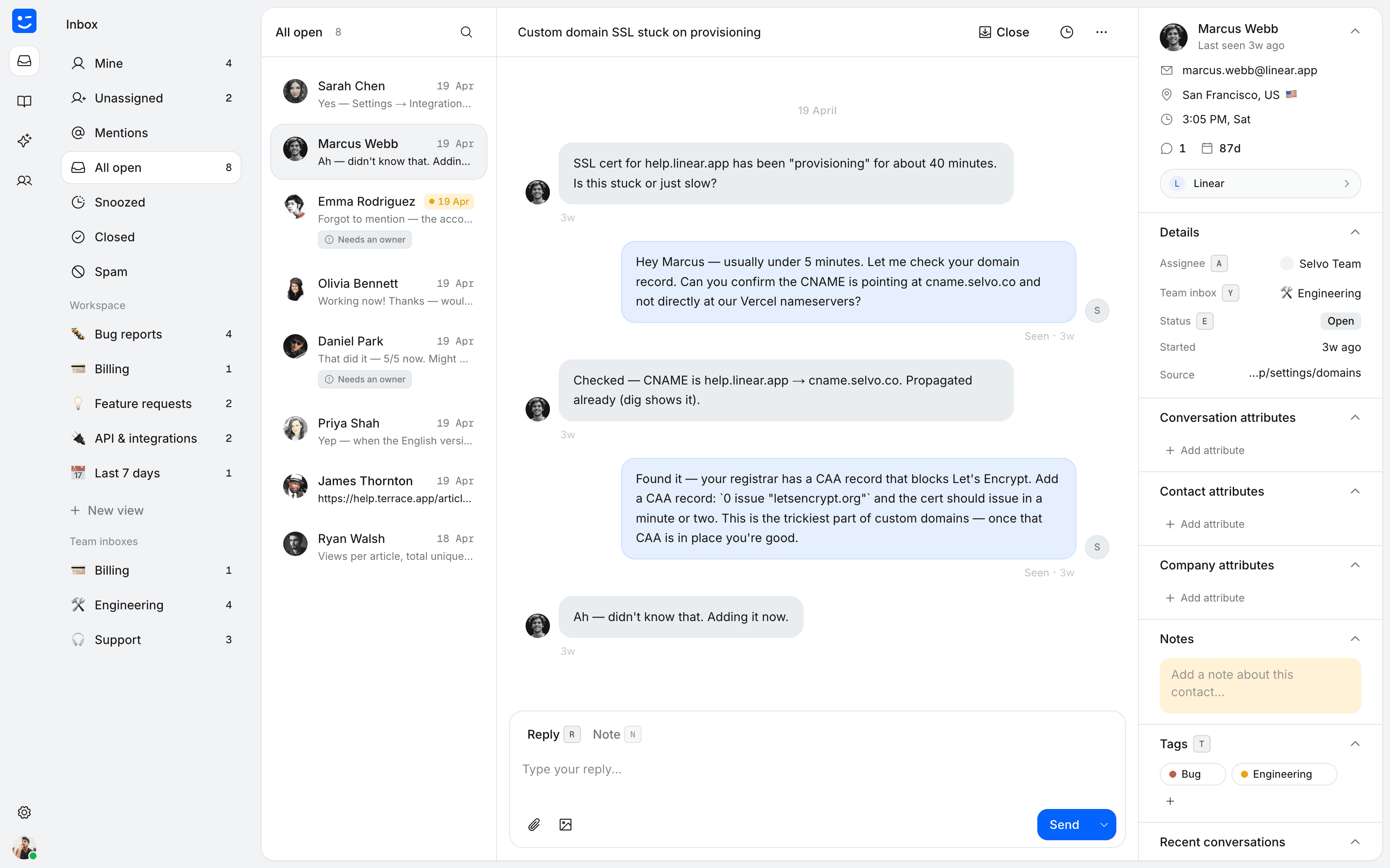 Selvo shared inbox dashboard