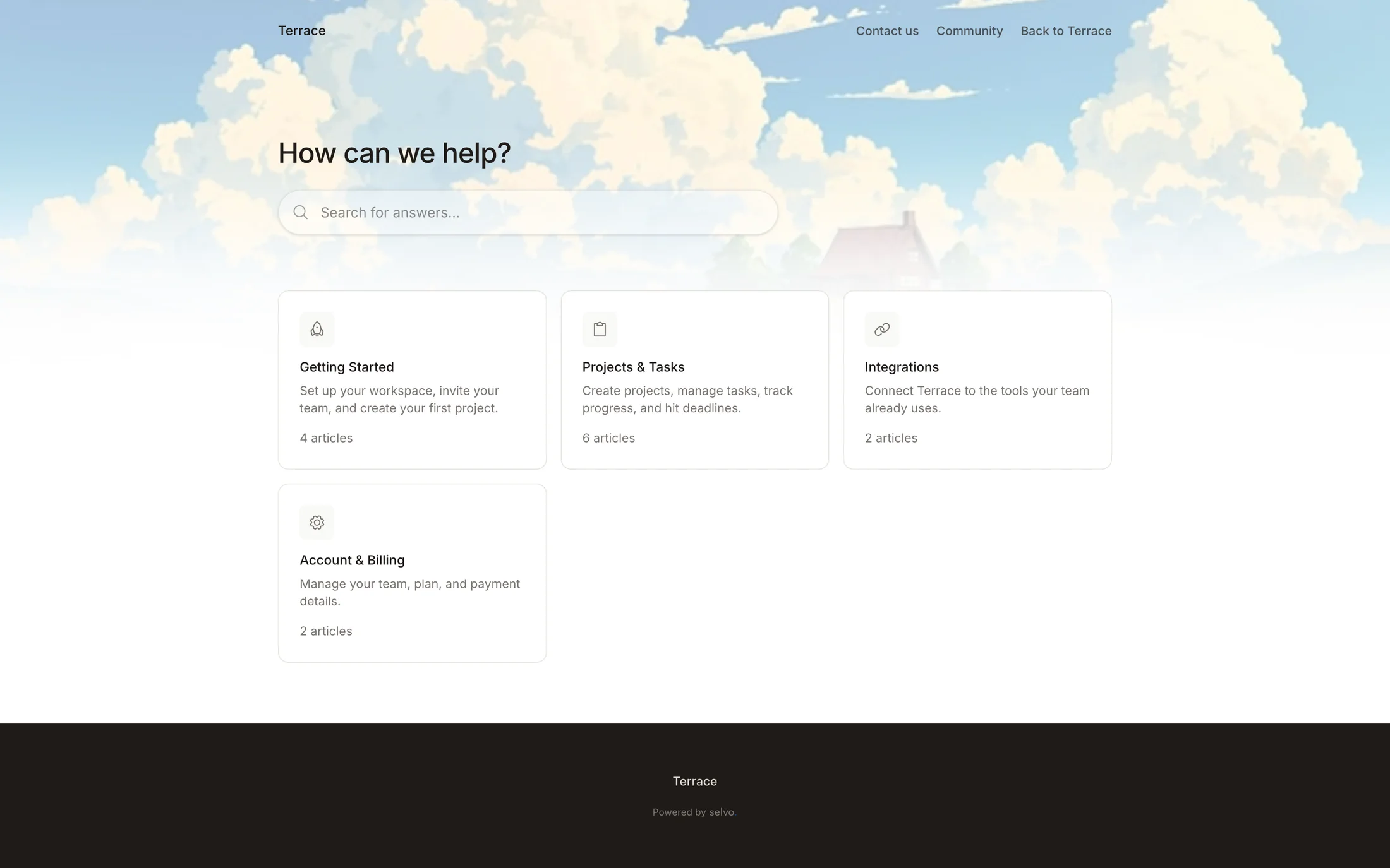 A branded help center built with Selvo